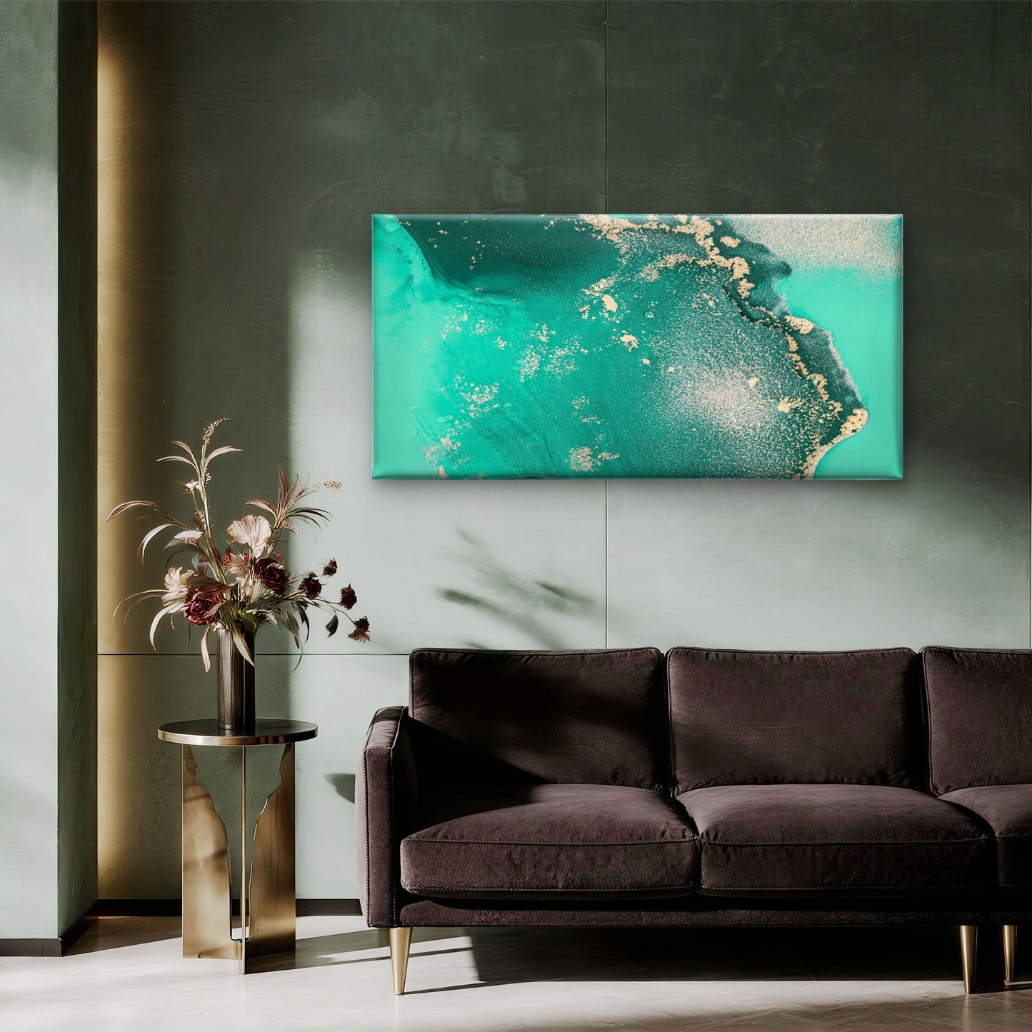 Green Ink Gold Abstract Wall Art Canvas Office Home Room Framed 120x60cm