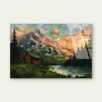 Cozy Mountain Cabin Wooden Lodge River Lake Sunset Landscape Acrylic Glass Printing Wall Art Australian Made Quality