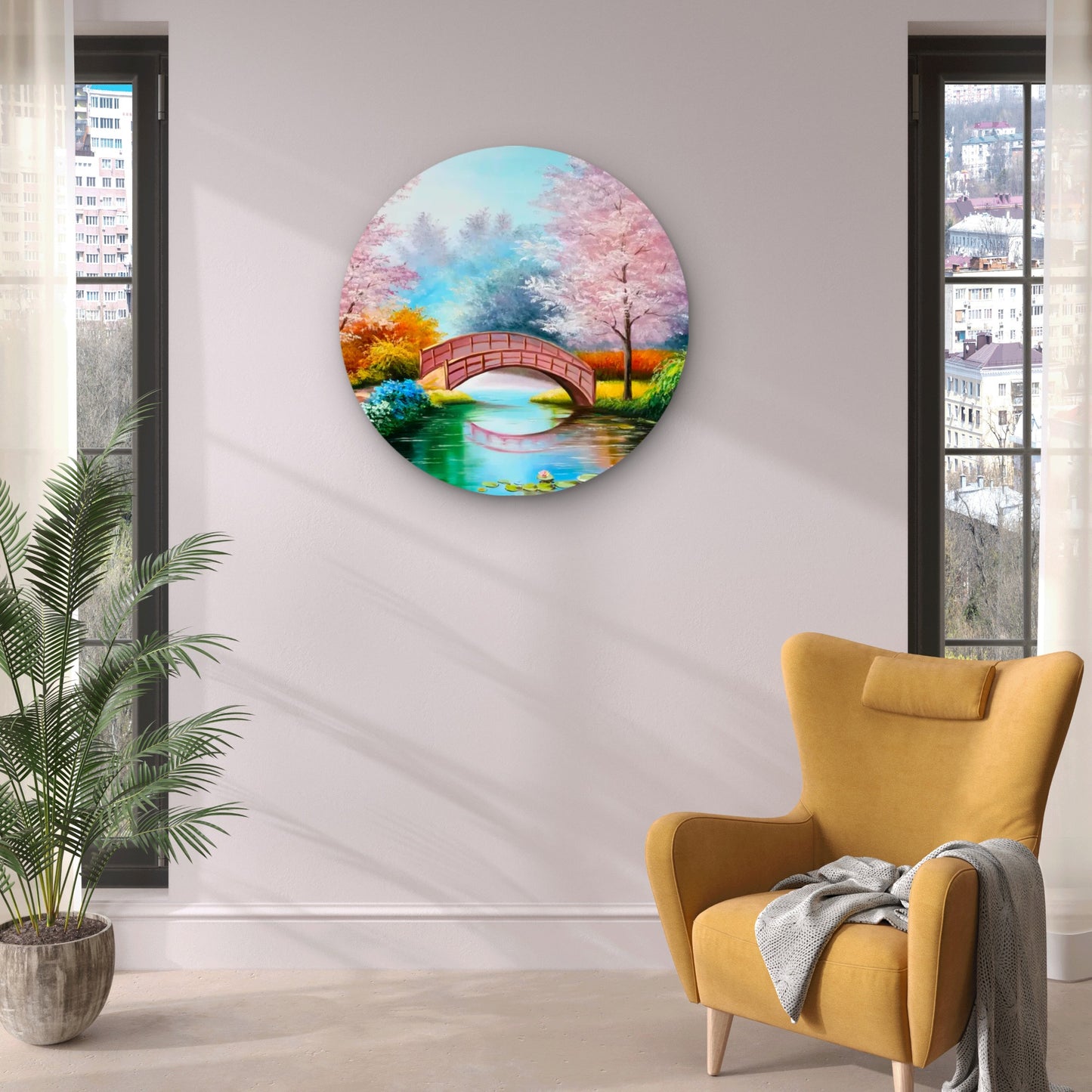 Pink Blossom Bridge Over the Lake Acrylic Glass Rounded Print Tempered Glass Wall Art 100% Made in Australia Ready to Hang
