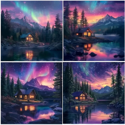4pcs Colorful Lake, House Night Senary Wall Art Canvas Framed