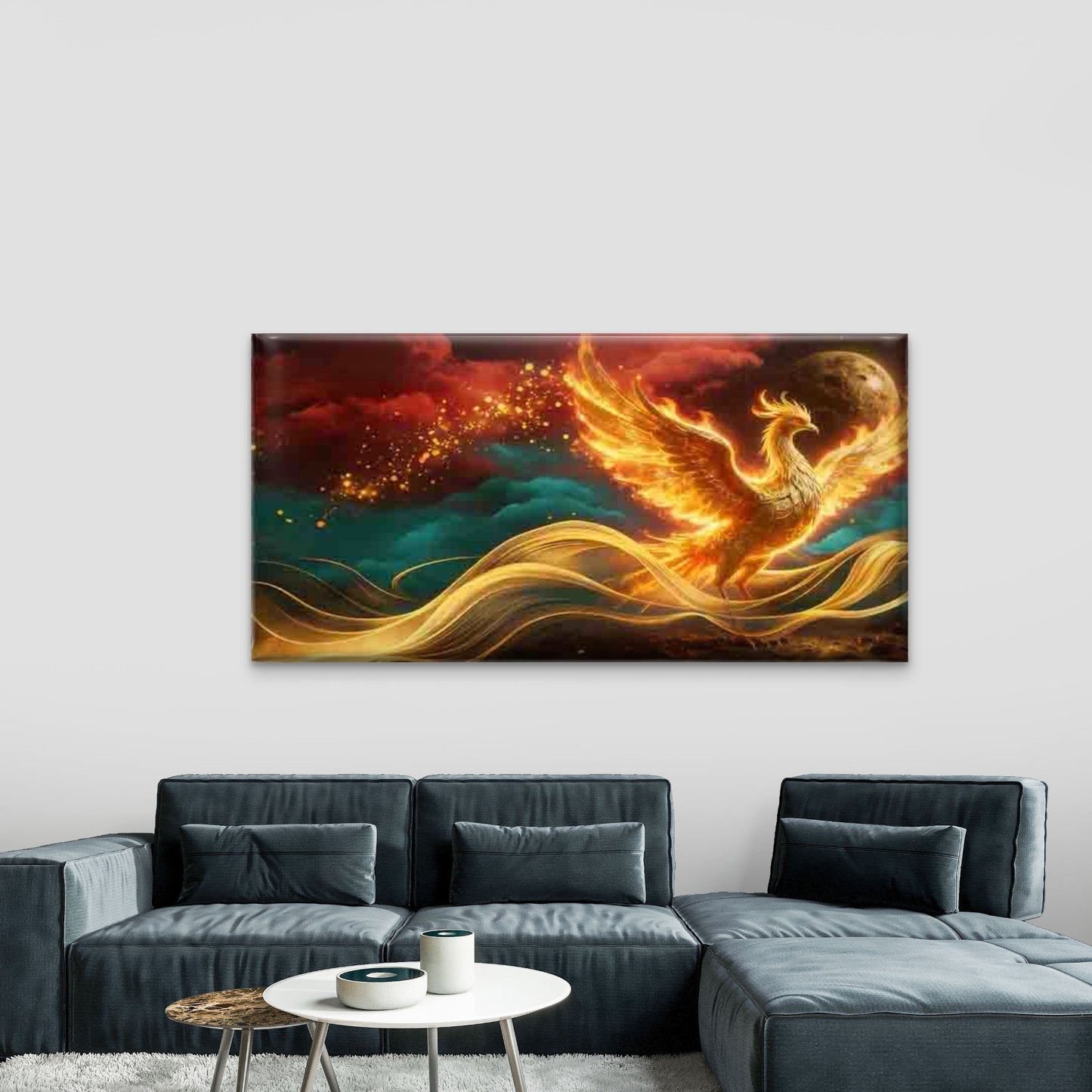 Fiery Phoenix Rising from Flame Wall Art Canvas Office Home Room Framed 120x60cm - Bella Home Decor