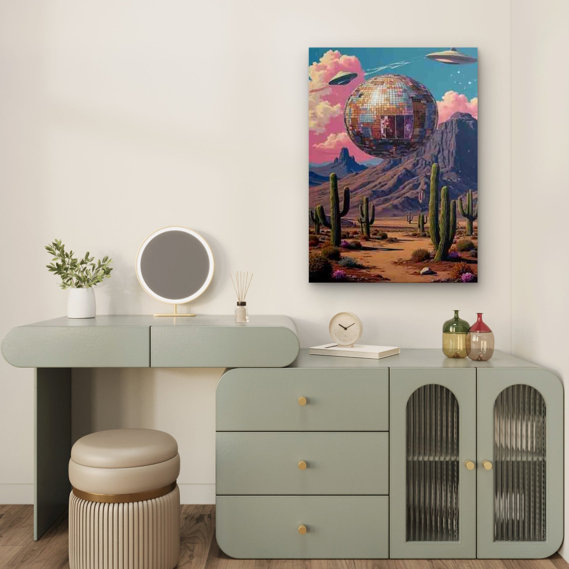 Desert Landscape with Cactus, UFOs & Disco Ball Metal Print Ready to Hang - Bella Home Decor