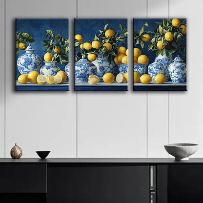 3pcs Vintage Blue And White Porcelain Vases With L Metal Print Ready to Hang Art