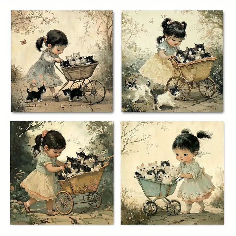 4pcs  Charming Girl Cat Vintag Picture GC   Wall Art Canvas Framed