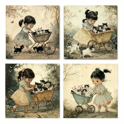 4pcs  Charming Girl Cat Vintag Picture GC   Wall Art Canvas Framed