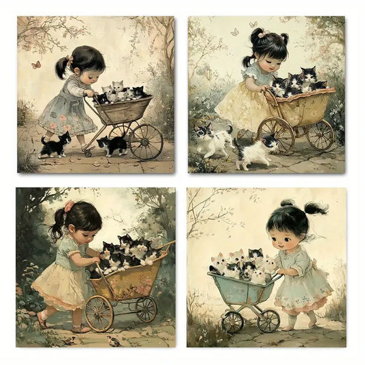 4pcs  Charming Girl Cat Vintag Picture GC   Wall Art Canvas Framed