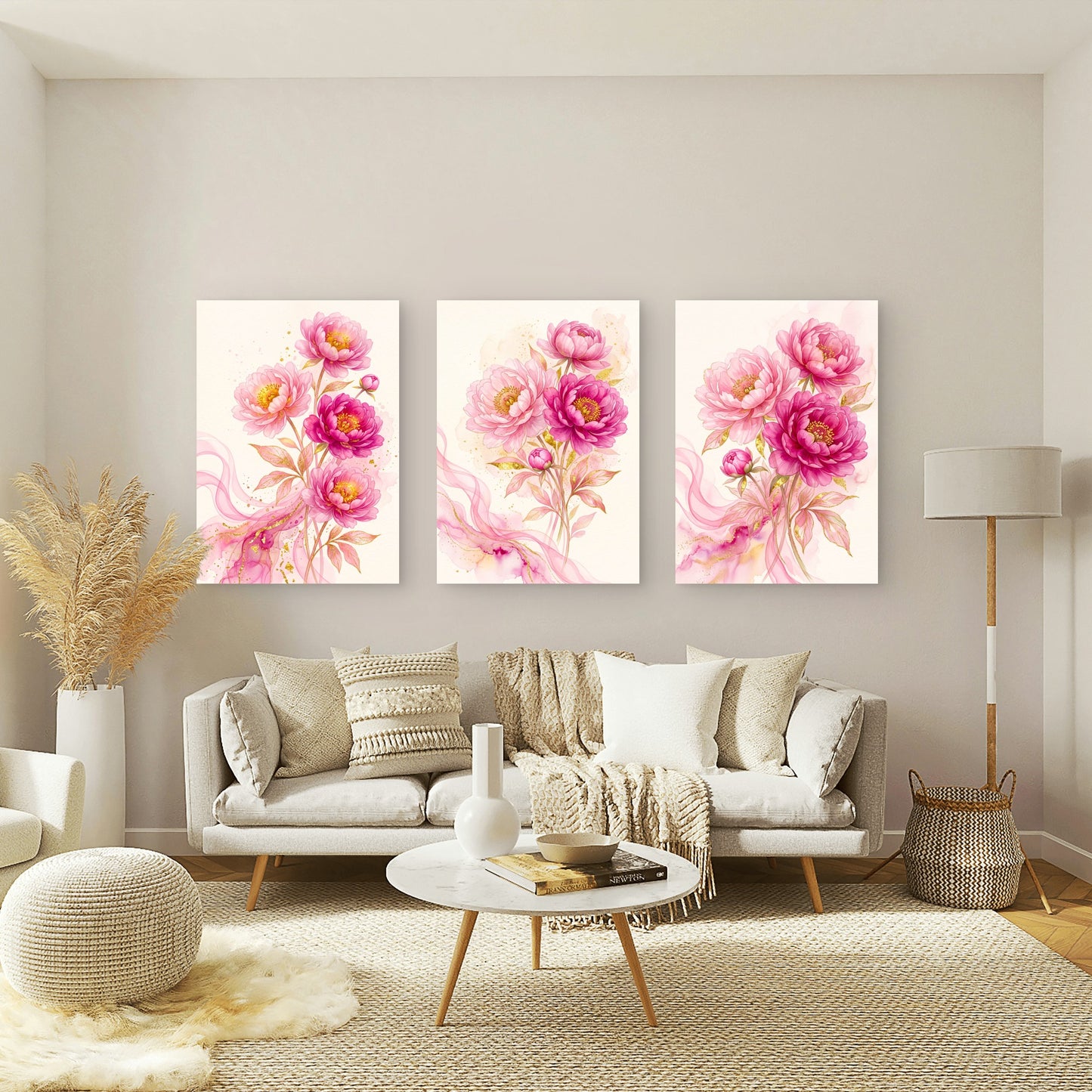 3pcs Watercolor Pink Peony Floral Botanical Gold Leaves Abstract Swirl Wall Art Set Canvas Framed 50x70cm- High Quality Print 100% Australian Made Wall Canvas Ready to Hang