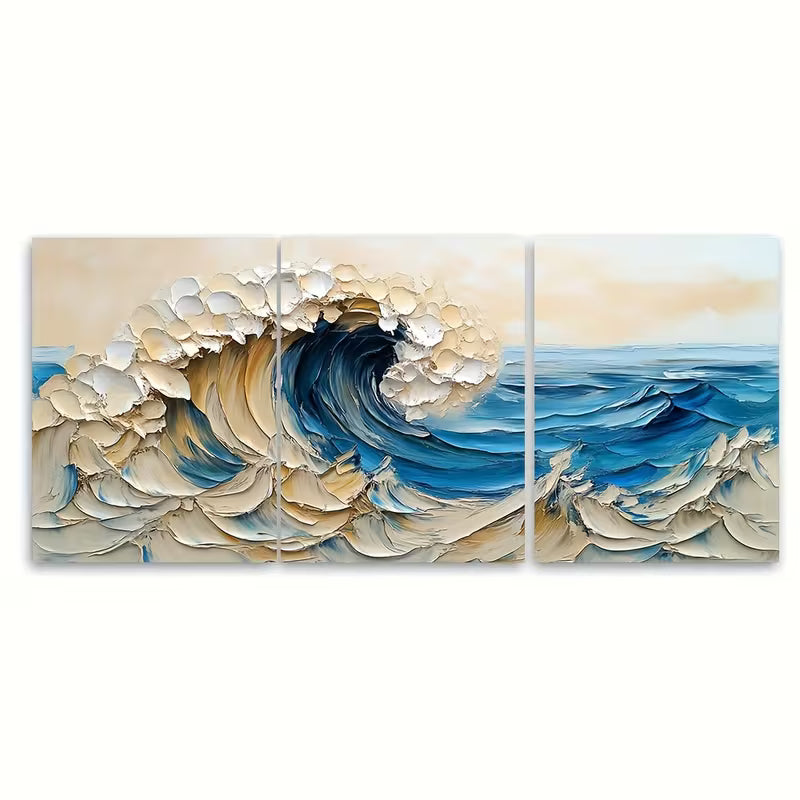 3pcs Abstract Ocean Wave Oil Painting Metal Print Ready to Hang Art - Bella Home Decor