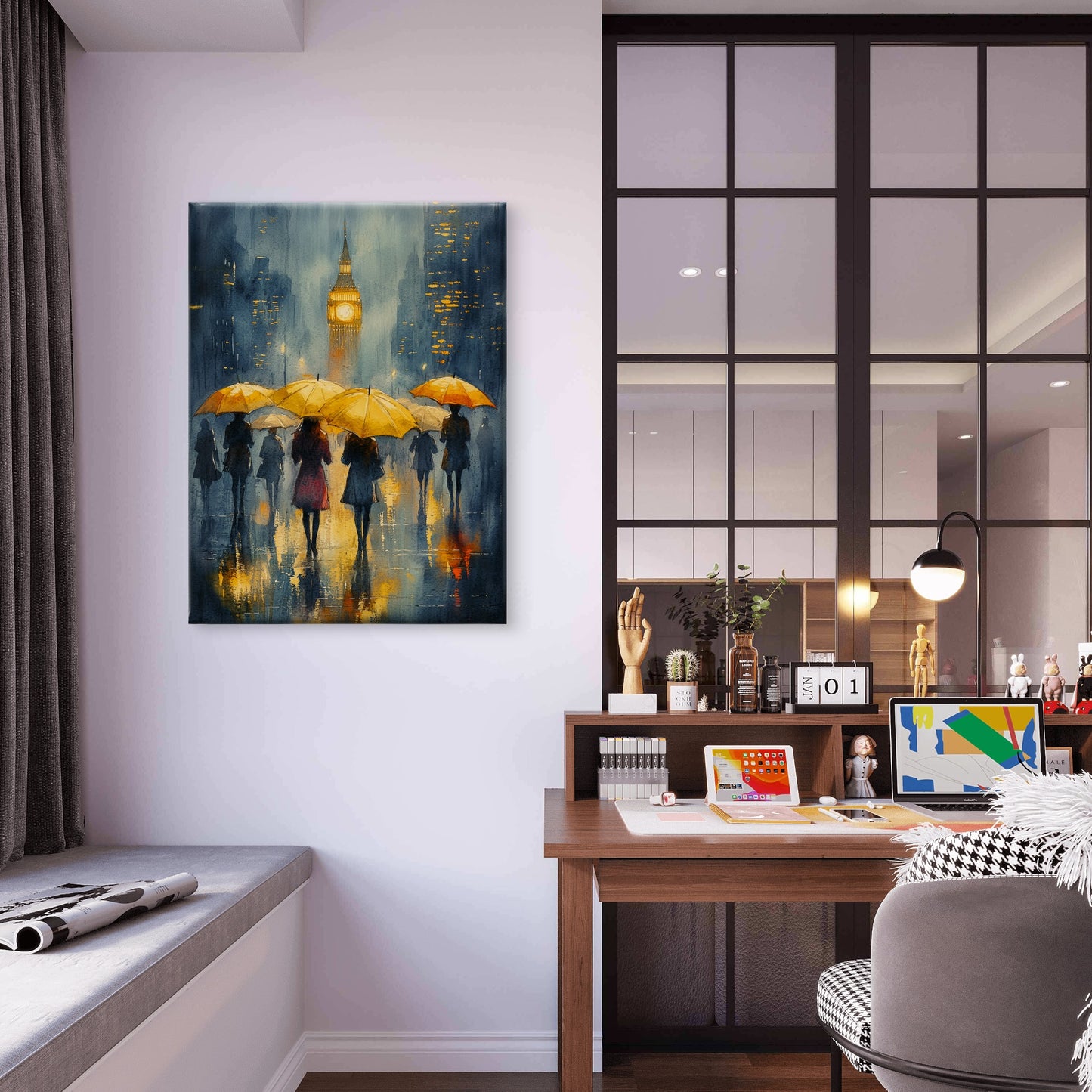Rainy Day in London Abstract Watercolour Art with Yellow Umbrellas and Elizabeth Tower Vintage Wall Art Canvas Print 100% Australian Made - Bella Home Decor