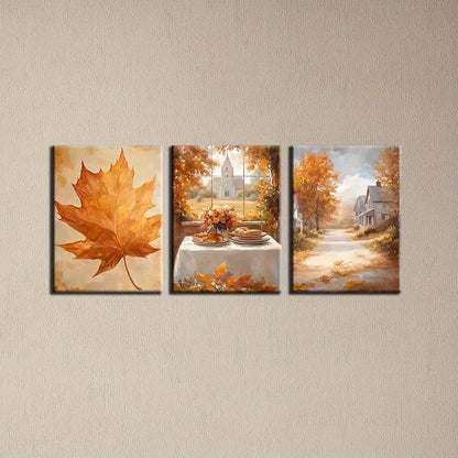 3pcs Autumn Town Maple Leaves Classic Design Metal Print Ready to Hang Art