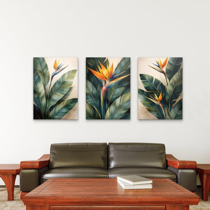 3pcs Tropical Bird of Paradise Palm Leaves Wall Art Set Canvas Framed 60x90cm - High Quality Print 100% Australian Made Wall Canvas Ready to Hang - Bella Home Decor