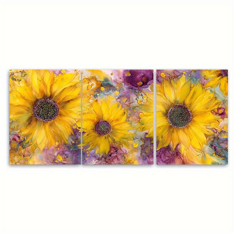 3pcs Seamless Sunflowers in The Breeze Metal Print Ready to Hang Art