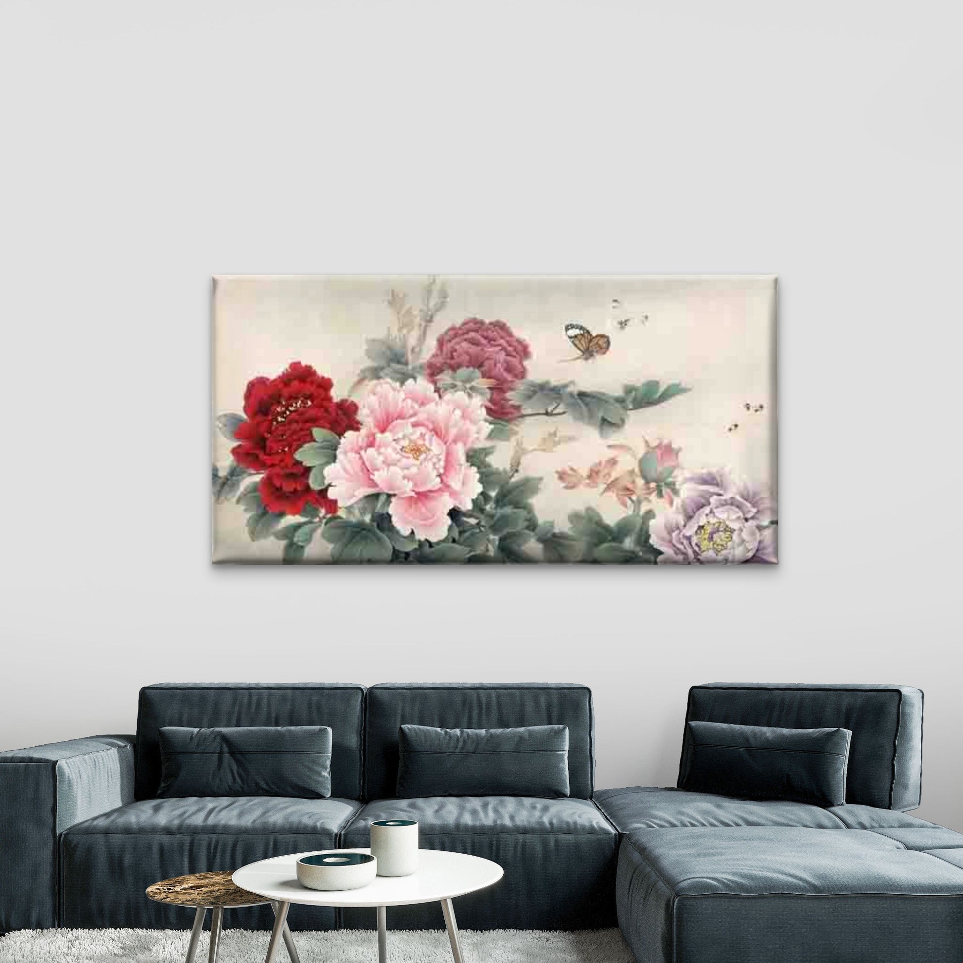 Blue and White Peonies Painting Wall Art Canvas Office Home Room Framed 120x60cm - Bella Home Decor