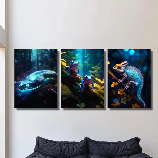 3pcs Blue glowing snake in the forest, frog on the wood, chameleon Metal Print Ready to Hang Art