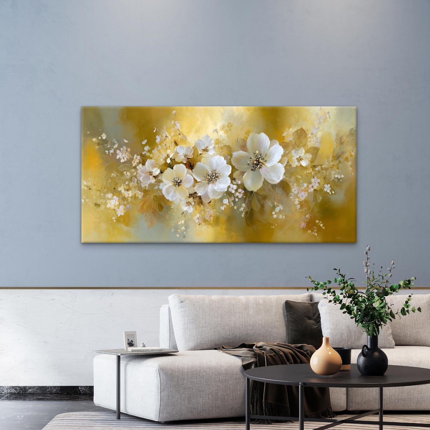 Elegant Yellow & Floral Wall Art Canvas Office Home Room Framed 120x60cm