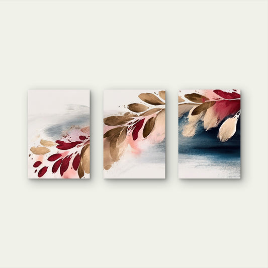 3pcs Burgundy Navy Gold Leaf Abstract Set   Wall Art Set Canvas Framed 60x90cm - High Quality Print 100% Australian Made Wall Canvas Ready to Hang
