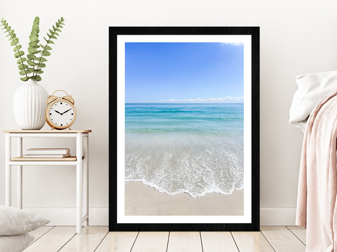 Blue Sky & Beach Waves on Sand Photograph Glass Framed Wall Art, Ready to Hang Quality Print With White Border Black