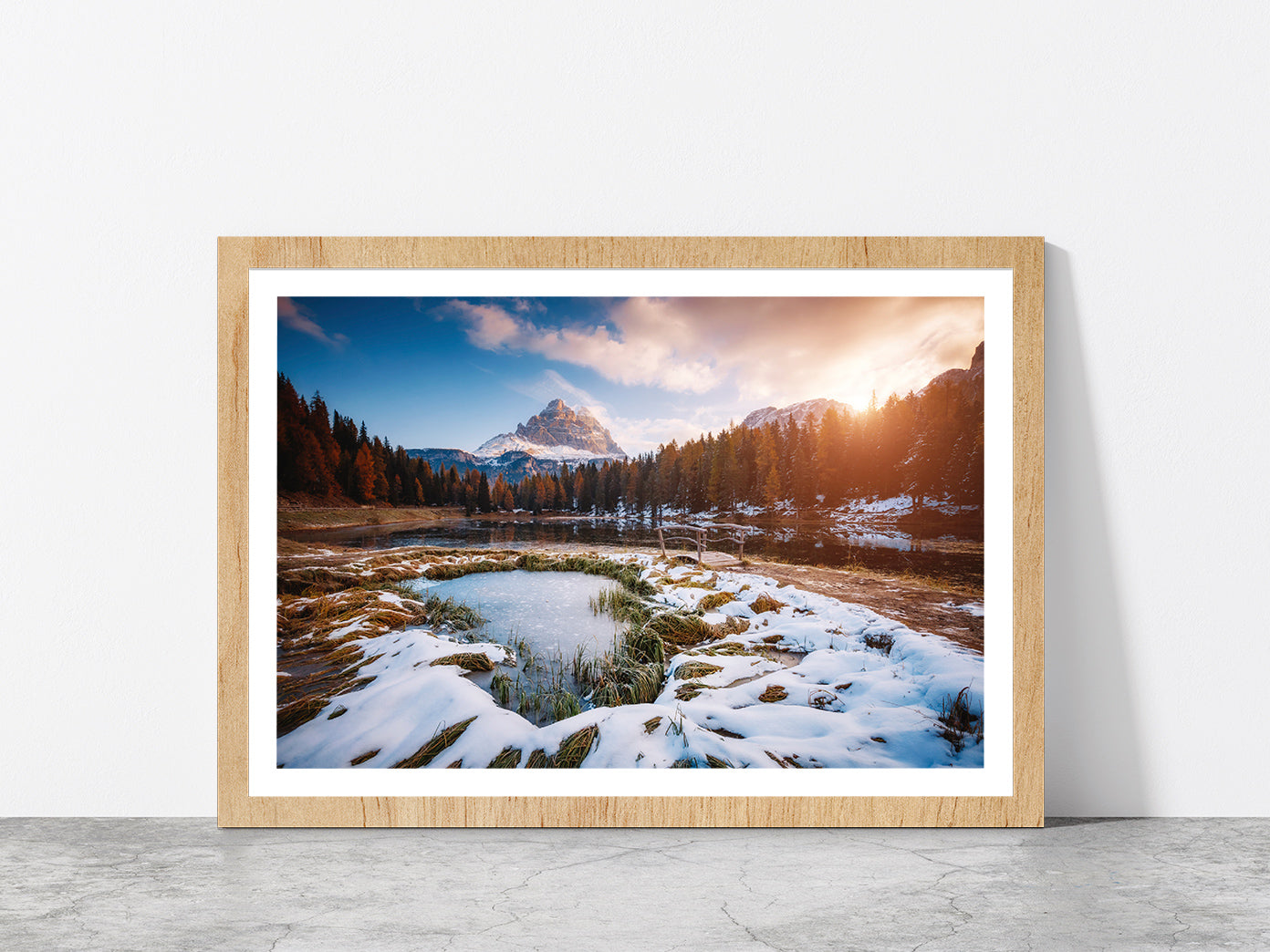 Morning Scenic In Lake Antorno Glass Framed Wall Art, Ready to Hang Quality Print With White Border Oak