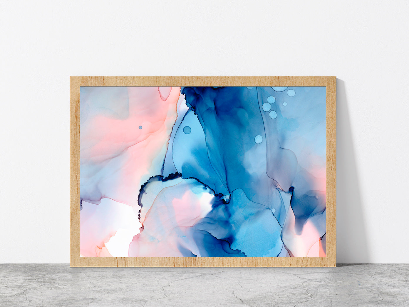 Blue Pink Abstract Painting Glass Framed Wall Art, Ready to Hang Quality Print Without White Border Oak