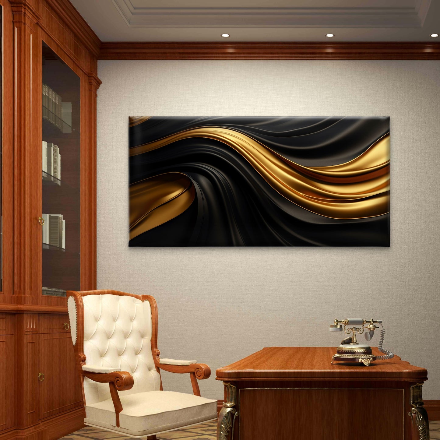 Luxury Black Gold Satin Swirl Wall Art Canvas Office Home Room Framed 120x60cm - Bella Home Decor