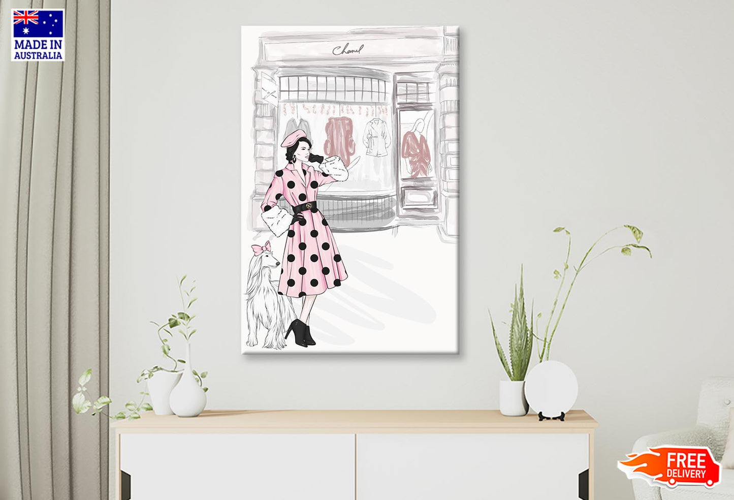 Pink Lady With Her Dog Fashion Wall Art Limited Edition High Quality Print