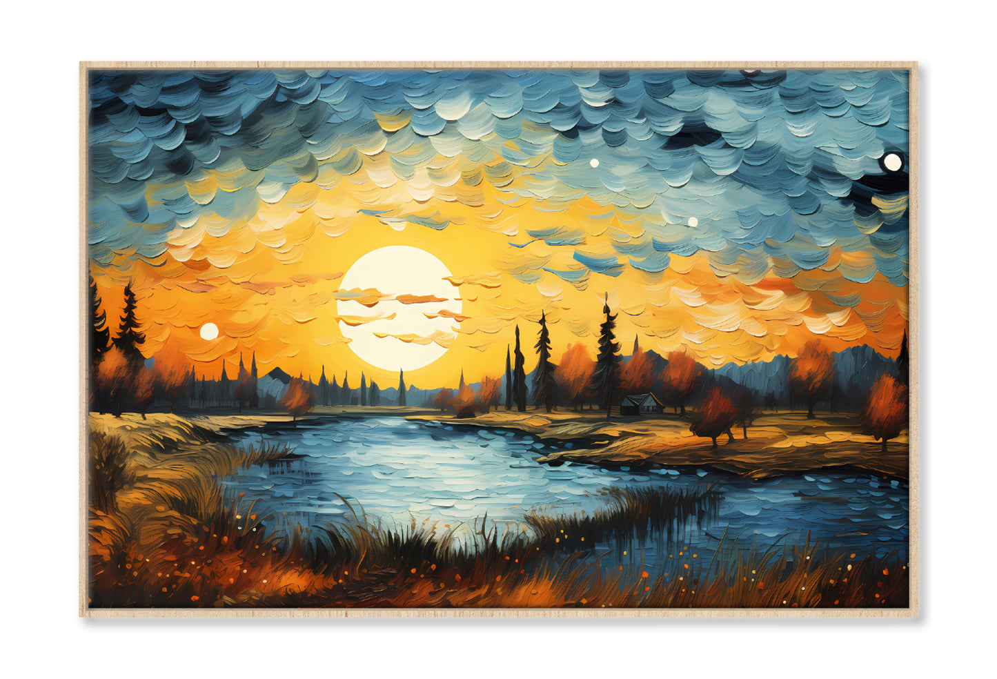 Autumn Trees Landscape & Lake with Sunset Sky Painting Wall Art Limited Edition High Quality Print Canvas Box Framed Natural