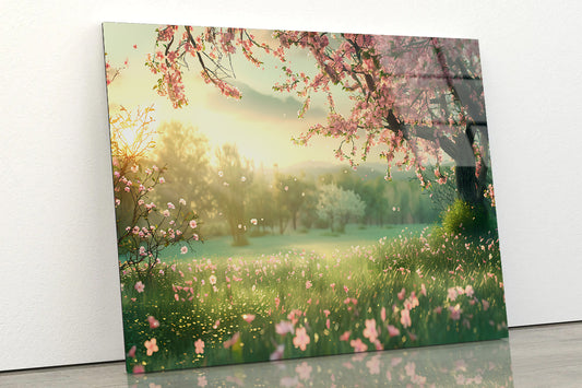Field Of Flowers with Trees Acrylic Glass Print Tempered Glass Wall Art 100% Made in Australia Ready to Hang