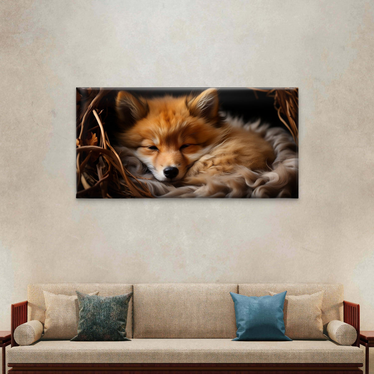 Cute Baby Fox Sleeping Soft Fur Wall Art Canvas Office Home Framed 120x60cm
