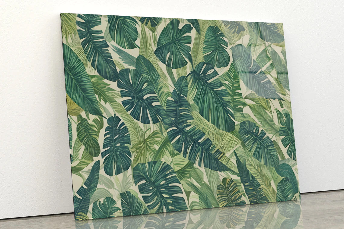 Lush Green Leaves Set, Tropical Jungle Acrylic Glass Print Tempered Glass Wall Art 100% Made in Australia Ready to Hang - Bella Home Decor