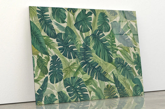 Lush Green Leaves Set, Tropical Jungle Acrylic Glass Print Tempered Glass Wall Art 100% Made in Australia Ready to Hang - Bella Home Decor