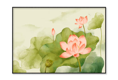 Painting Of a Pink Lotus Flower and Green Leaves Home Decor Premium Quality Poster Print Choose Your Sizes