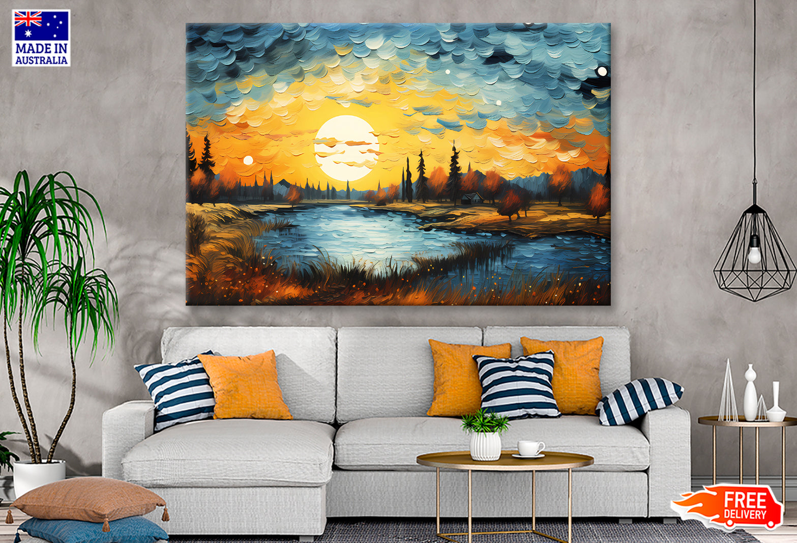 Autumn Trees Landscape & Lake with Sunset Sky Painting Wall Art Limited Edition High Quality Print