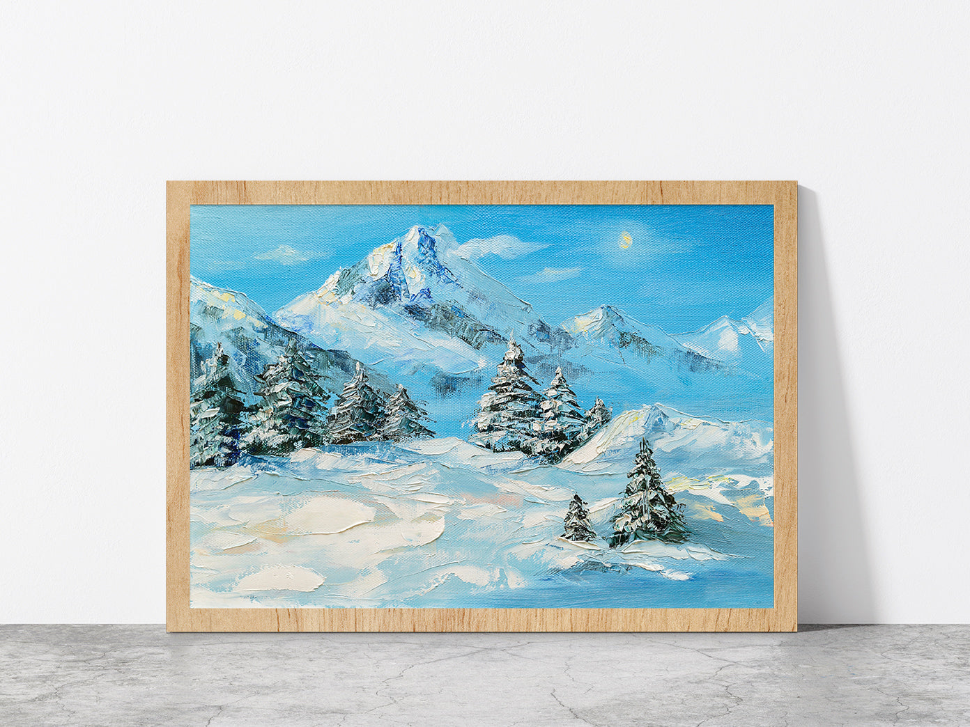 Winter Mountain Landscape & Snow Covered Trees Glass Framed Wall Art, Ready to Hang Quality Print Without White Border Oak