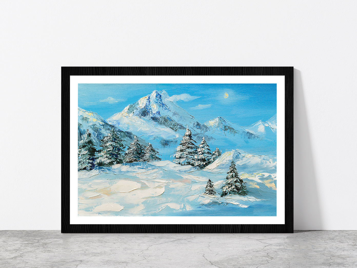 Winter Mountain Landscape & Snow Covered Trees Glass Framed Wall Art, Ready to Hang Quality Print With White Border Black