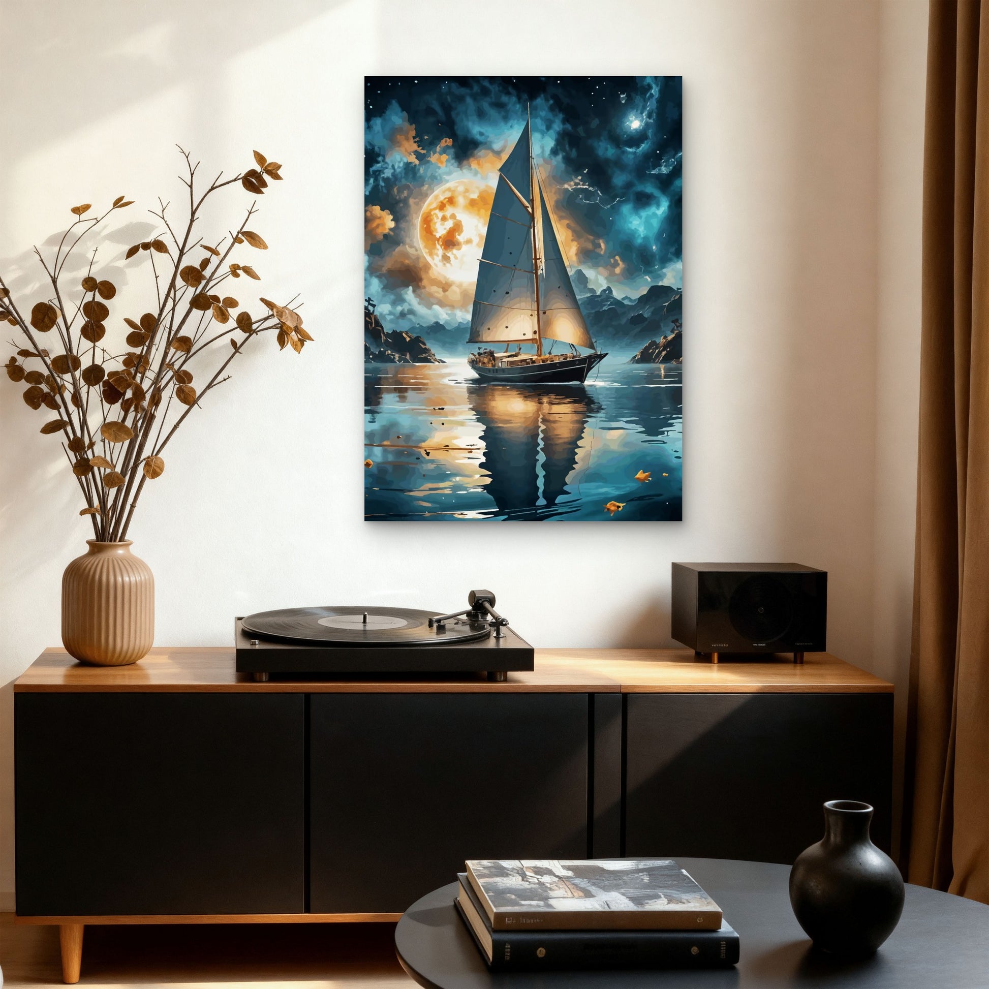 Sailboat At Sea Night Moon 40x60cm Metal Print Ready to Hang - Bella Home Decor