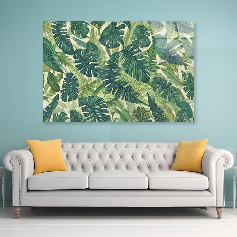 Lush Green Leaves Set, Tropical Jungle Acrylic Glass Print Tempered Glass Wall Art 100% Made in Australia Ready to Hang - Bella Home Decor
