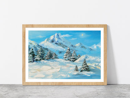 Winter Mountain Landscape & Snow Covered Trees Glass Framed Wall Art, Ready to Hang Quality Print With White Border Oak