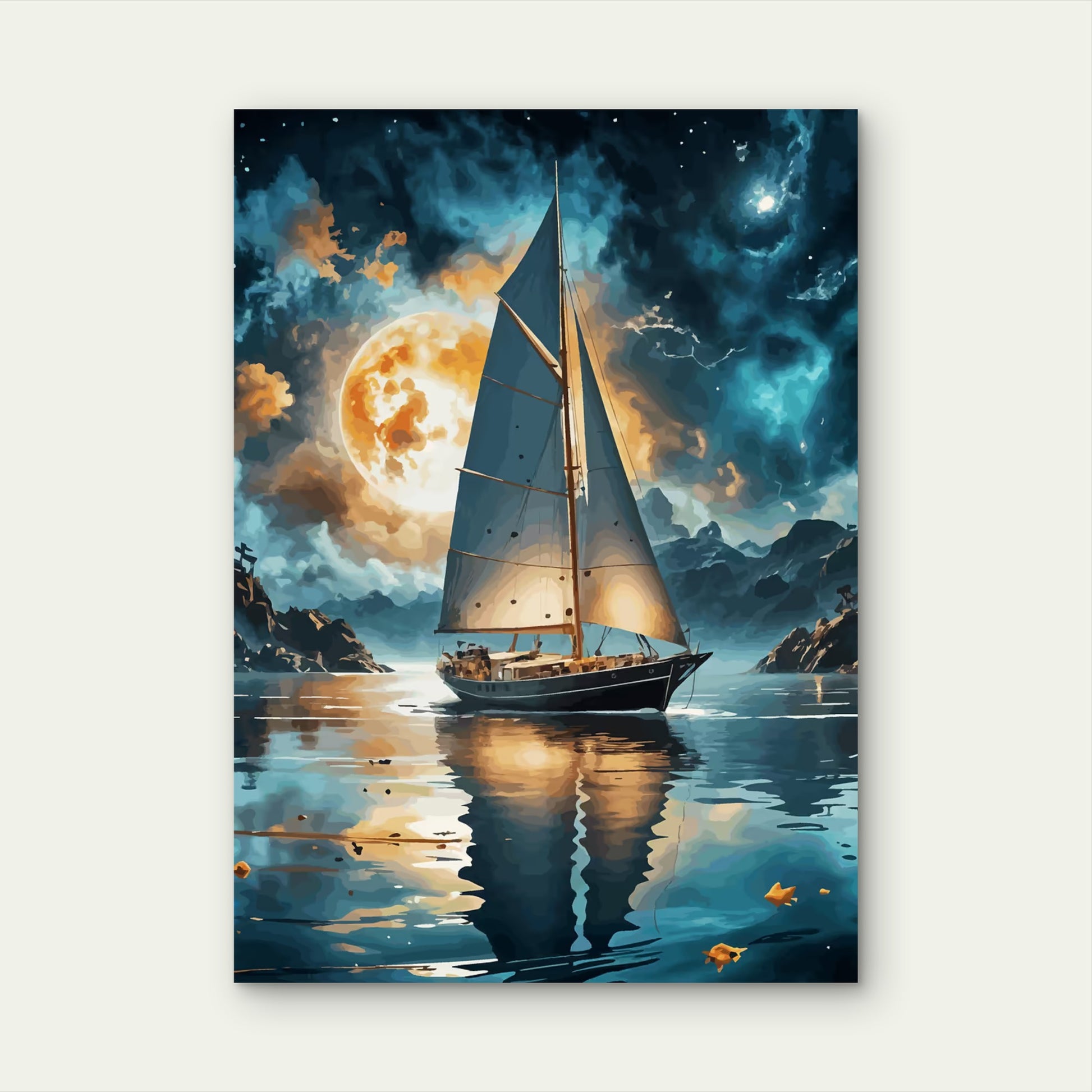 Sailboat At Sea Night Moon 40x60cm Metal Print Ready to Hang - Bella Home Decor