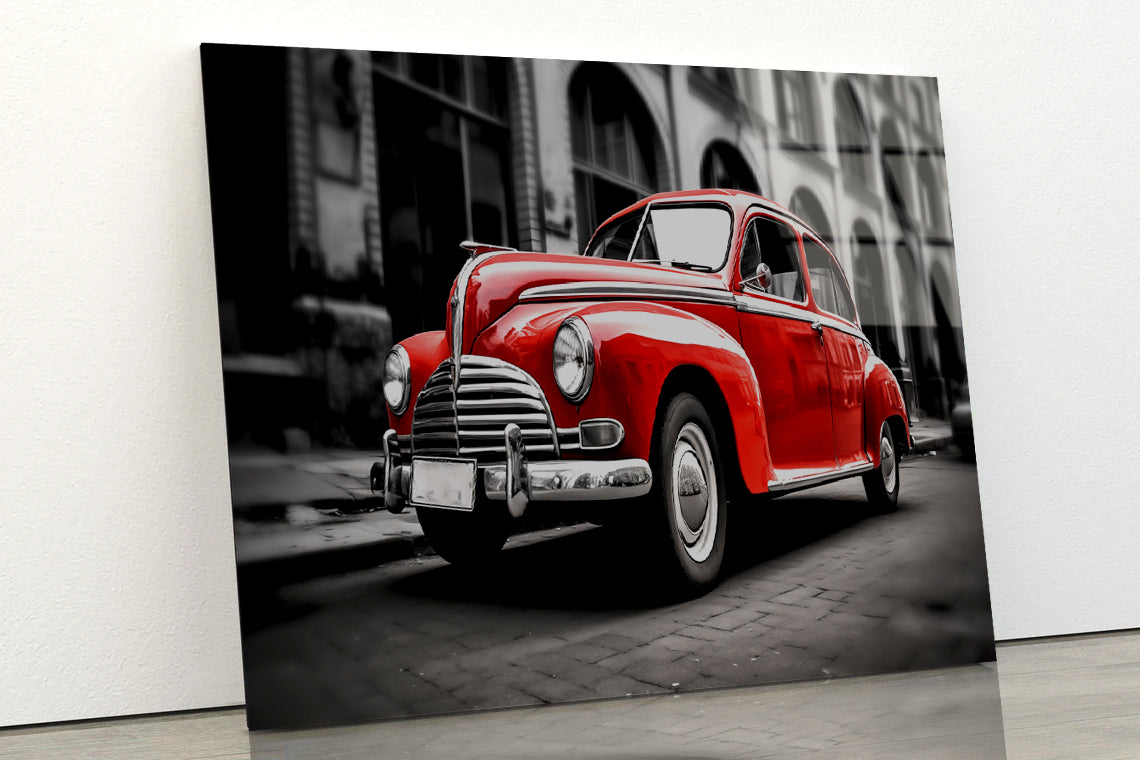 Old Red Car in the Street Acrylic Glass Print Tempered Glass Wall Art 100% Made in Australia Ready to Hang - Bella Home Decor