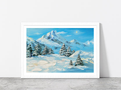 Winter Mountain Landscape & Snow Covered Trees Glass Framed Wall Art, Ready to Hang Quality Print With White Border White