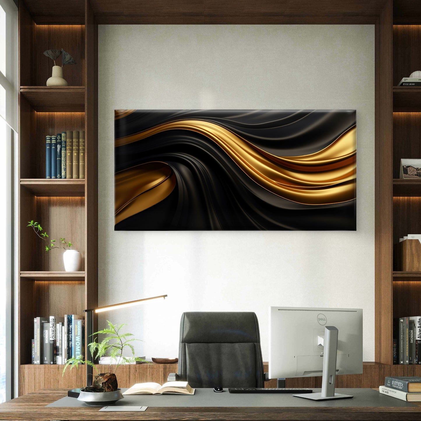 Luxury Black Gold Satin Swirl Wall Art Canvas Office Home Room Framed 120x60cm - Bella Home Decor