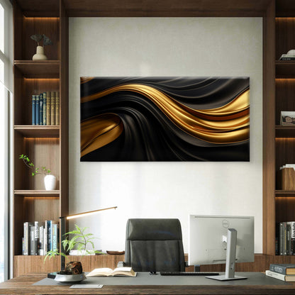 Luxury Black Gold Satin Swirl Wall Art Canvas Office Home Room Framed 120x60cm - Bella Home Decor
