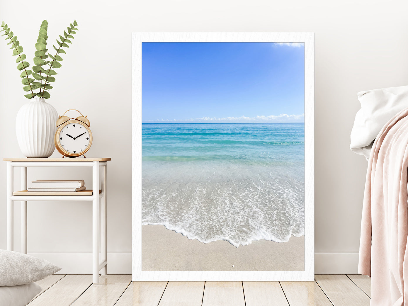 Blue Sky & Beach Waves on Sand Photograph Glass Framed Wall Art, Ready to Hang Quality Print Without White Border White