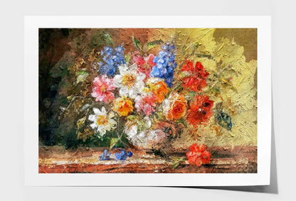 Life, Bouquet Of Flowers In A Vase On Wooden Background Wall Art Limited Edition High Quality Print