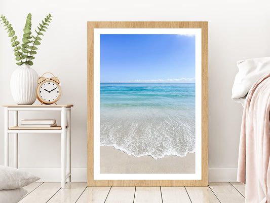 Blue Sky & Beach Waves on Sand Photograph Glass Framed Wall Art, Ready to Hang Quality Print With White Border Oak