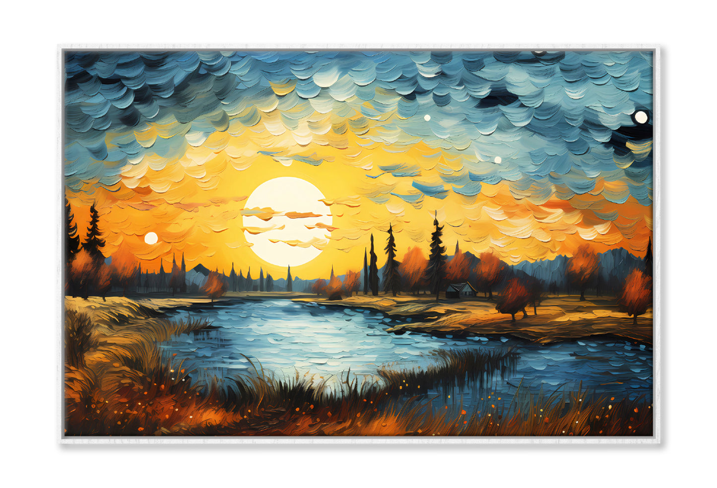 Autumn Trees Landscape & Lake with Sunset Sky Painting Wall Art Limited Edition High Quality Print Canvas Box Framed White