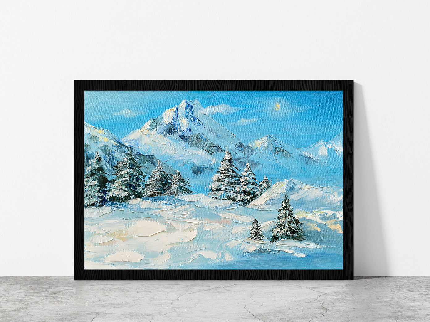 Winter Mountain Landscape & Snow Covered Trees Glass Framed Wall Art, Ready to Hang Quality Print Without White Border Black