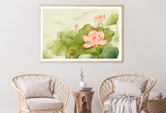 Painting Of a Pink Lotus Flower and Green Leaves Home Decor Premium Quality Poster Print Choose Your Sizes