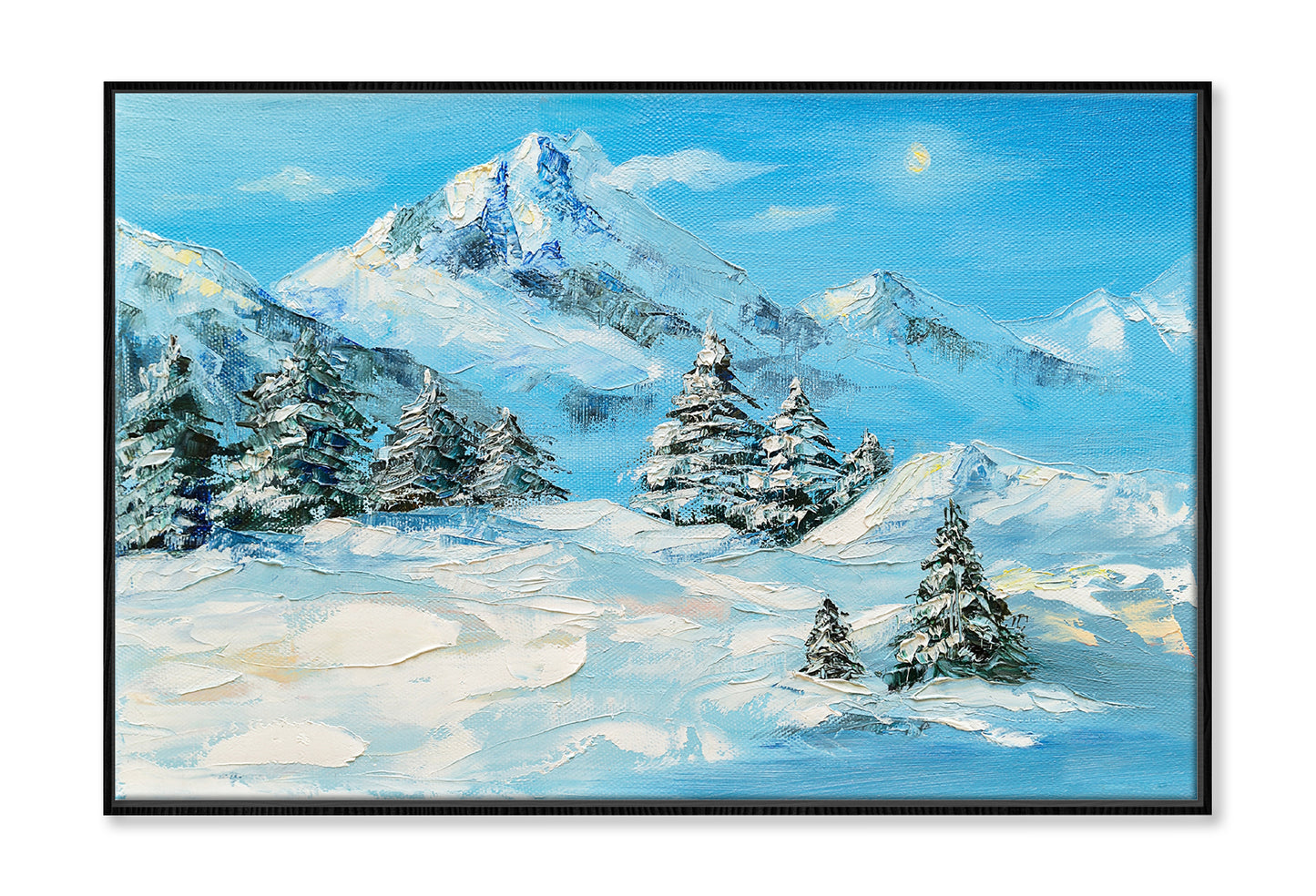 Winter Mountain Landscape & Snow Coverd Trees Oil Painting Wall Art Limited Edition High Quality Print Canvas Box Framed Black