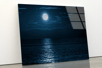 Moon In Night Sky Over the Sea Acrylic Glass Print Tempered Glass Wall Art 100% Made in Australia Ready to Hang - Bella Home Decor